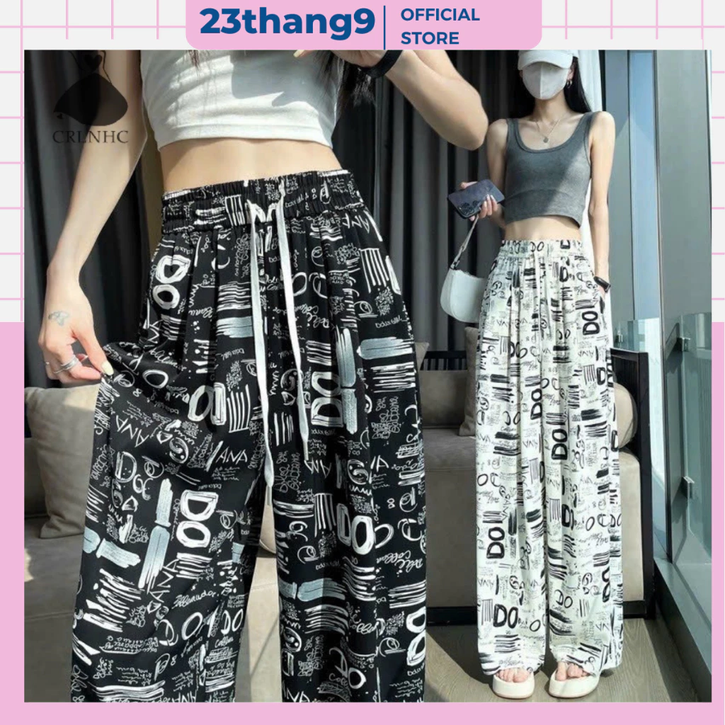 Quần ống rộng nữ , quần suông lụa họa tiết chữ lưng cao cạp chun vải lụa mềm mịn hot trend năng động cá tính 888