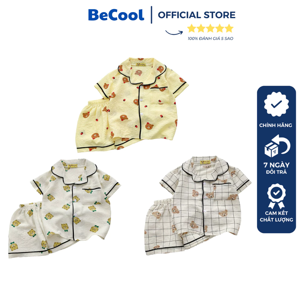 Pijama bé trai bé gái CỘC TAY chất XỐP in HỔ GẤU dễ thương, đồ ngủ cho bé mỏng mát, thấm mồ hôi - BeCool 7-28kg