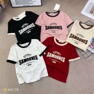 Áo thun nữ tay ngắn cổ tròn viền màu in chữ samounes hàng Quảng Châu chất cotton, áo phông baby tee mùa hè hàn quốc 0128