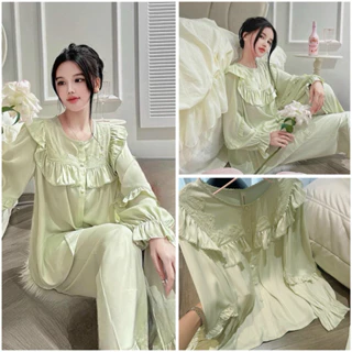 Bộ ngủ - mặc nhà pijama lụa Quảng Châu cao cấp lei tầng bèo xanh