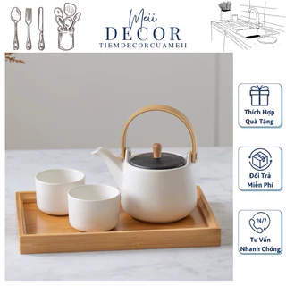 Bộ ấm trà gốm 2 cốc trắng phong cách Nhật Bản tối giản -Meii.decor