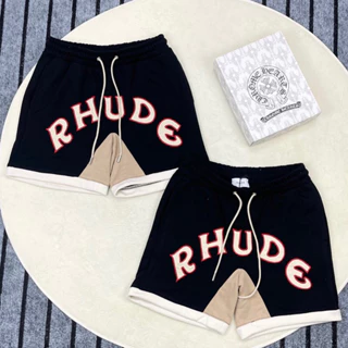 Quần short nỉ nam nữ thiết kế trước quần dệt chữ RHUDE viền đỏ bo ống be thêu đũi vải be dầy dặn boy phố