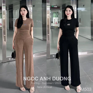 Sét W.AG đính áo nhún cộc tay + quần suông cạp chun 2 màu (kèm ảnh thật và video)