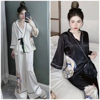 Đồ bộ pyjama tay ngắn quần dài Mẫu kimono cột chéo eo Lụa Xước in hình xinh xắn