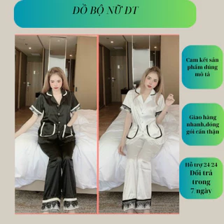 Bộ đồ lụa  ,Pijama lụa xước bộ đồ ngủ nữ, tay cộc quần dài ,phối ren sang chảnh from 40-65kg chất lụa xước mềm mát