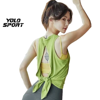 Áo Tank Crop Top Tập Gym Yoga Nữ Mặc 2 Kiểu Vạt Chéo Buộc Nơ Phía Sau Xinh Xắn Vải Thun Co Giãn Thoáng Mát YOLO SPORT