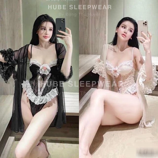 < Có sẵn > ( HÀNG HOT ) Suit Váy Kèm Áo Choàng Ngủ Dài Tay Viền Ren Hoa Hồng Ngực Viền Ren Eo Siêu Sexy - Hube Sleepwear