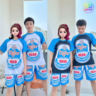 Bộ hè thể thao nam nữ BIA TIGER Đen Trắng , áo tay ngắn quần short dáng rộng thời trang Phối Dây Rút - win99