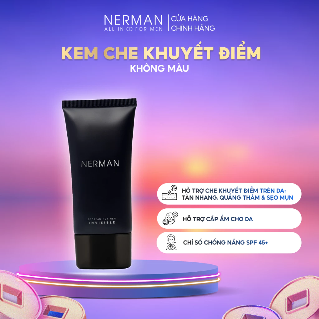 Kem Che Khuyết Điểm Cho Nam Nerman BB Cream Invisible 3-In-1 Chống Nắng Spf 45+, Che Khuyết Điểm, Dưỡng Ẩm Nerman 50g