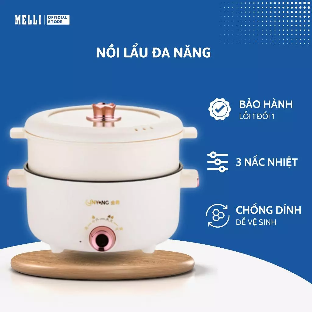 Nồi Lẩu Điện Đa Năng Mini Nấu Lẩu 2 Tầng Mandeli Kèm Giá Hấp 28 cm Tráng Men Chống Dính Công Suất 1000W Melli