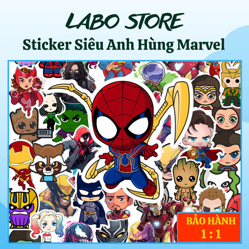 Set 15/30/50 sticker Người Nhện Siêu anh hùng Marvel đặc biệt siêu dễ thương, hình dán sticker hoạt hình marvel cute