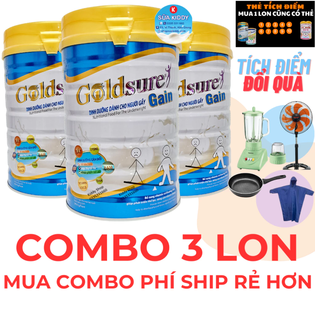 Combo 3 lon Sữa tăng cân GOLDSURE GAIN NC 900g cho người gầy, thích hợp mọi lứa tuổi (cam kết chính hãng, date luôn mới)