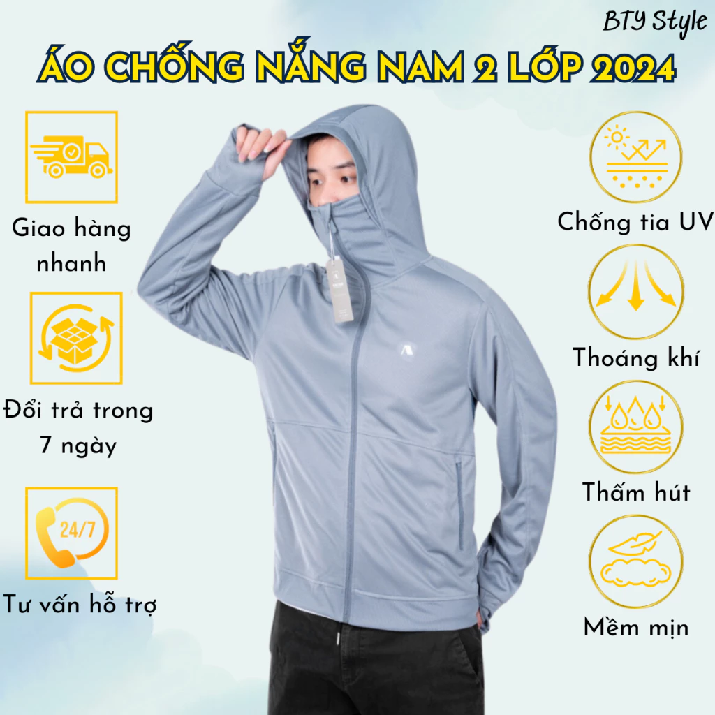 Áo chống nắng nam 2 lớp 3M chống tia UV cao cấp Thế Hệ Mới thông Hơi Túi Khóa Kéo Mũ Trùm Kín Mặt