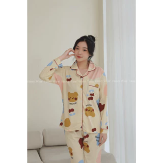 [HÀNG MỚI VỀ] Bộ Ngủ Nữ Dài Tay, Pijama Mặc Nhà Họa Tiết Gấu Đỏ Honey Wear Đồ Mặc Nhà Nữ Chất Liệu Cotton Mềm Mịn P35