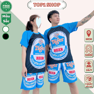 Bộ BIA TIGER trắng đen Cộc tay thể thao Mùa hè Thoáng Khí Nam Nữ Cổ tròn Hoạ Tiết Form Rộng Unisex phong cách - T1S