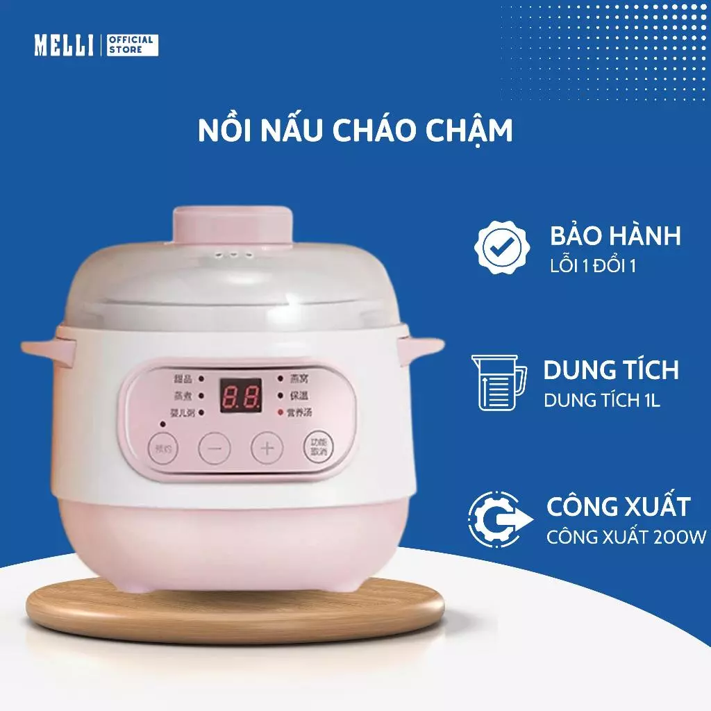 Nồi Nấu Cháo Chậm Cho Bé Ăn Dặm Dung Tích 1L - 2L Hẹn Giờ Tích Hợp 6 Chế Nấu Cháo, Hầm, Hấp, Chưng Yến Đa Năng - Melli