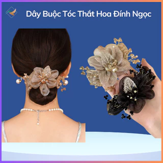 Dây Buộc Tóc Cao Su Thắt Hoa Đính Ngọc Sang Chảnh Quý Phái Phong Cách Hàn Quốc