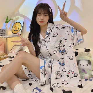 Bộ đồ ngủ pijama nữ cộc tay quần đùi chất lụa Kate Thái mềm mịn màu đen họa tiết gấu pocha dog đáng yêu