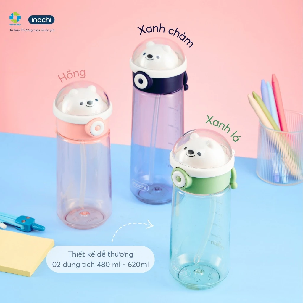 Bình nước INOCHI cho bé Có ống hút Kita Boo, nhấn nút là nắp mở, tiện lợi với trẻ, ống hút tiện dụng