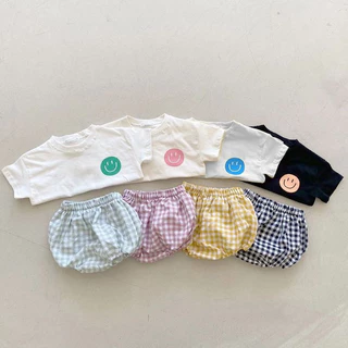 set bộ quần áo caro chất liệu cotton in hình cho bé