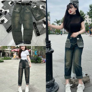 Quần jeans baggy nữ lưng cao lộ túi rách kiểu thêu chữ KaKa phong cách mới lạ