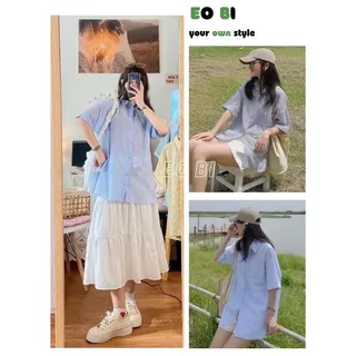 Áo sơ mi kẻ dáng rộng giấu quần tay lỡ phong cách unisex, Sơ mi basic hàn quốc phối kẻ 2 màu mềm mát - EOBI