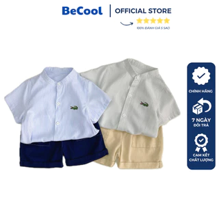 Bộ cộc tay bé trai bé gái, set BỘ bé trai KẺ SỌC THÊU CÁ áo chất cotton xịn, quần kaki mềm mát - BeCool 9-27kg