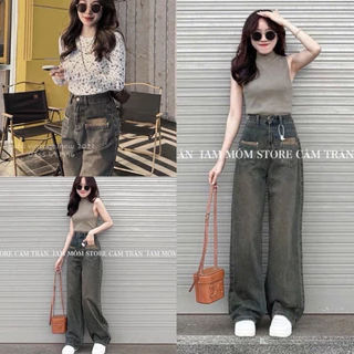 Quần jeans suông 2 túi trước phối màu cạp cao hack dáng phong cách Hàn Quốc