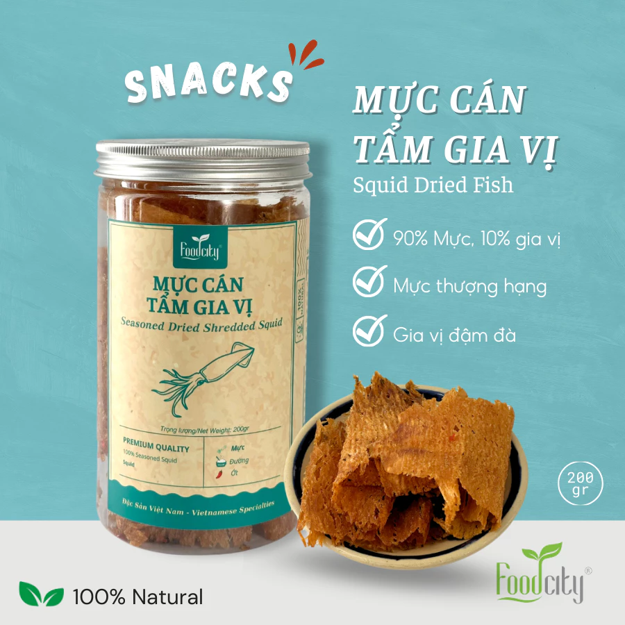 Mực cán thượng hạng tẩm gia vị hũ 200gr, món ăn vặt cực ngon thương hiệu Food City Việt Nam