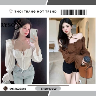 Áo Voan Phối Nút Bọc Kiểu Dáng Chiết Eo Croptop