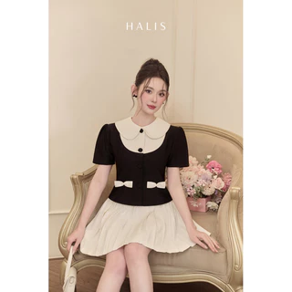 HALIS STUDIO - Áo cổ sen ngắn tay phối đen trắng Jenis Shirt