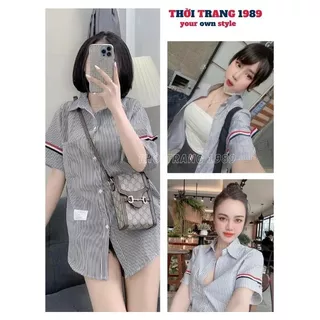 Áo sơ mi ngắn tay phối vạch màu cực hot, Sơ mi kẻ sọc xám thêu logo thời trang trẻ trung nhã nhặn - 1989