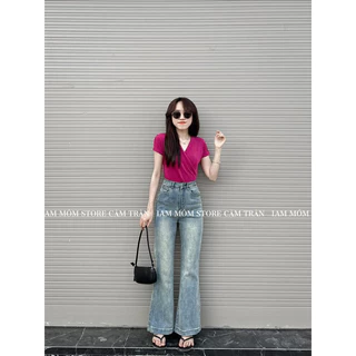 Quần jeans ống loe nấm lùn dày dặn túi kiểu mix viền tag sau hàng chuẩn l1 - sẵn