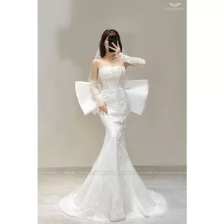 [LUXURY]   Váy cưới cao cấp hàng thiết kế, váy bó cá hoa thiết kế kèm nơ rời, nàng dâu lung linh tỏa sáng