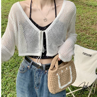 Áo Khoác Cardigan Nữ, Áo Lưới Len Dệt Kim Có Dây Cột Nơ Tay Dài Sexy Nữ Tính Cho Chị Em Hàng Quảng Châu - HOTI -AH011