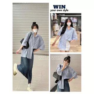 Áo sơ mi kẻ tay lỡ dáng rộng unisex 2 màu xanh đen thanh lịch, Sơ mi form thụng oversize hàn quốc - WIN