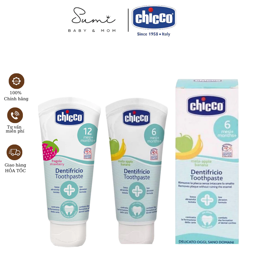 Kem Đánh Răng Chicco Hương Dâu Hương Chuối Táo Không Cay Có Thể Nuốt Được Dành Cho Bé 6-12 Tháng