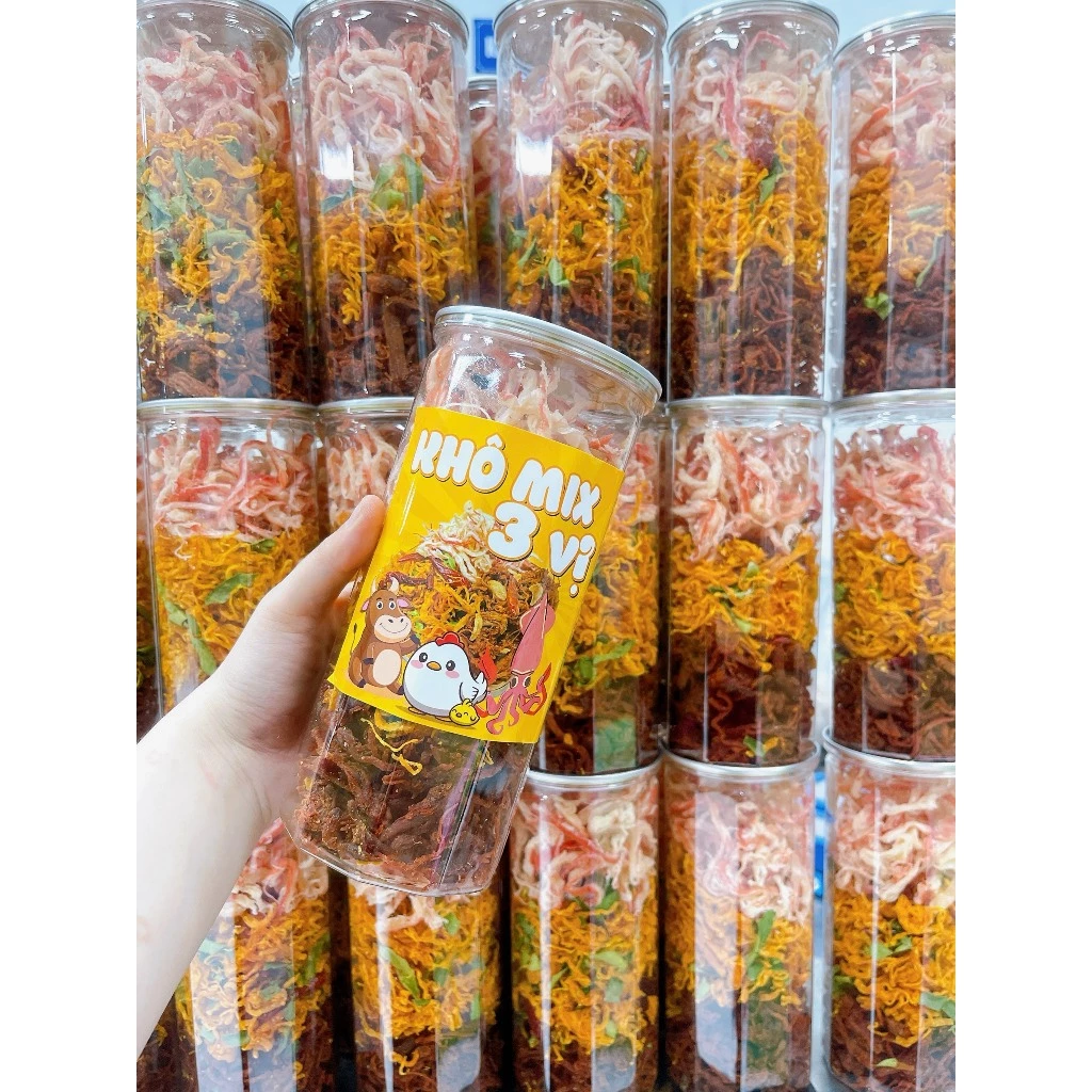 "Khô mix 3 vị khô bò - khô gà - mực sợi  (loại 1) hủ 300gram,đồ ăn vặt vừa ngon vừa rẻ"