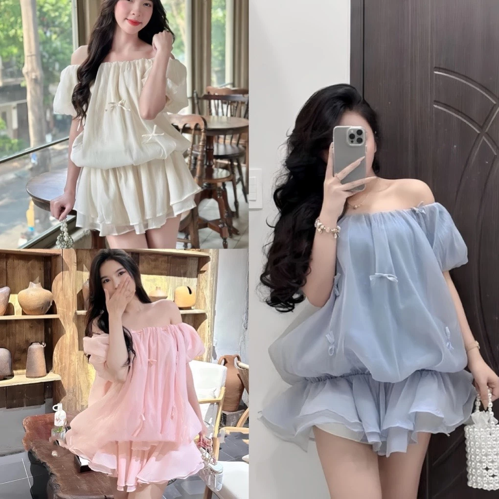 Váy babydoll trễ vai bo eo dáng xoè tay bồng chất voan tơ 2 lớp hồng canh be, Đầm chipu xoè hở vai đi chơi đi biển đẹp