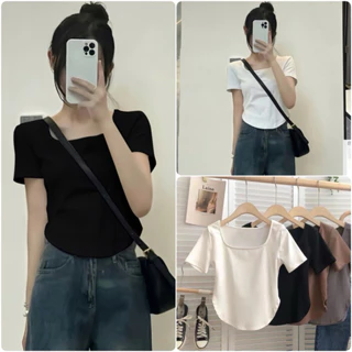 Áo Thun Croptop Cổ Vuông Vạt Bầu Nhiều Màu