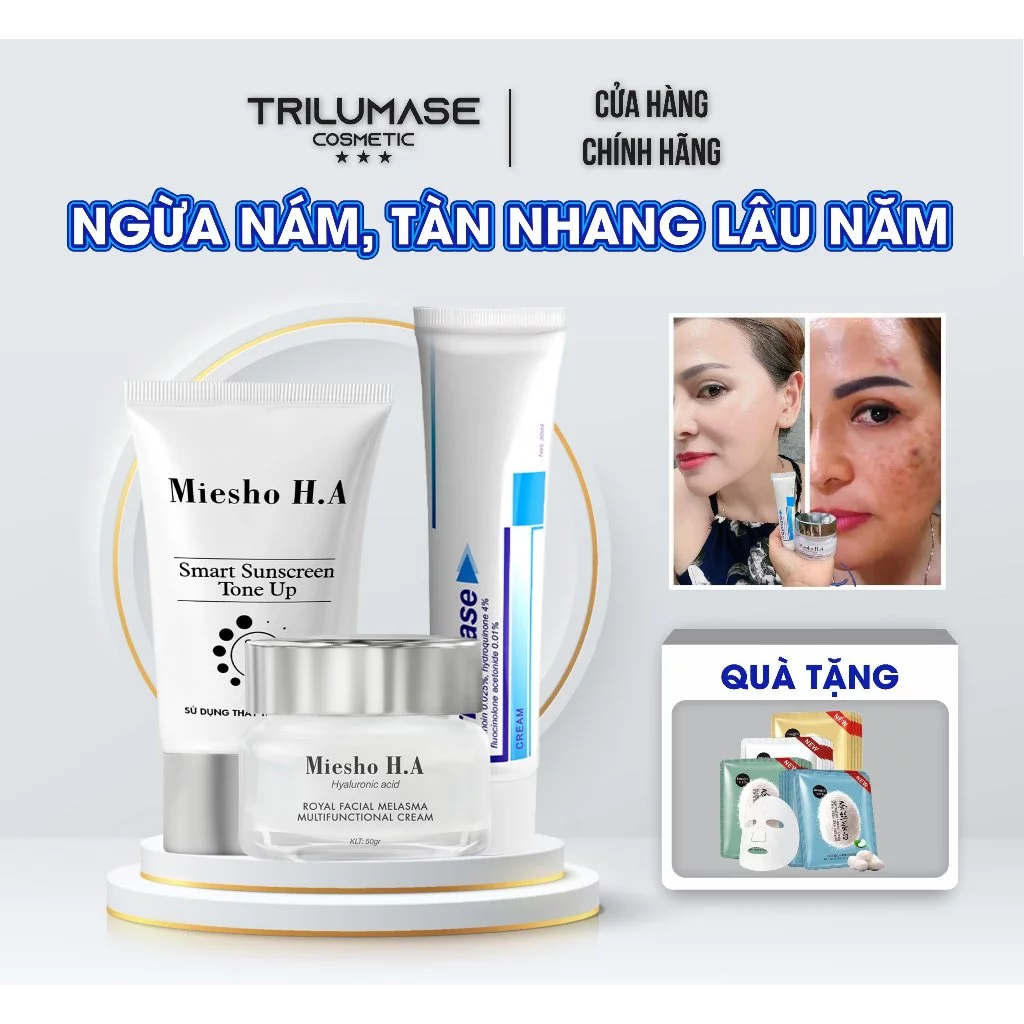 Bộ 3 sản phẩm Ngừa Nám, Trắng Da Trilumase + Miesho H.A gồm Kem Dưỡng 50g + Tuýp Nám 30g + Tuýp kem chống nắng 100g