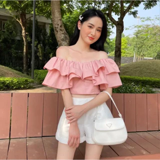 CeeLee Fashion - Áo croptop (dáng ngắn) trễ vai/ bẹt vai/ hở vai bèo tầng tiểu thư