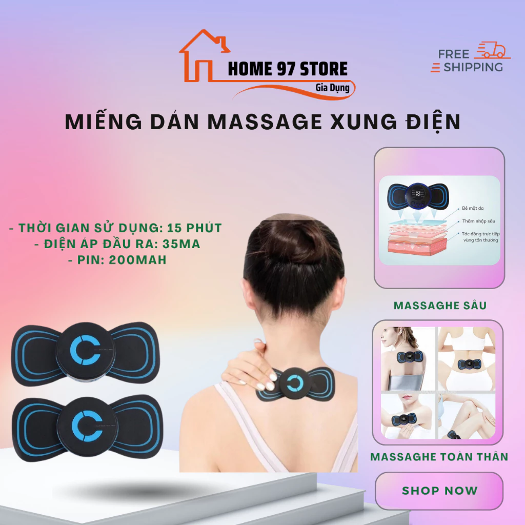 Miếng dán massage xung điện cổ vai gáy, massage toàn thân, cơ bắp chân tay, 8 chế độ mát xa, 19 cường độ tuỳ chỉnh