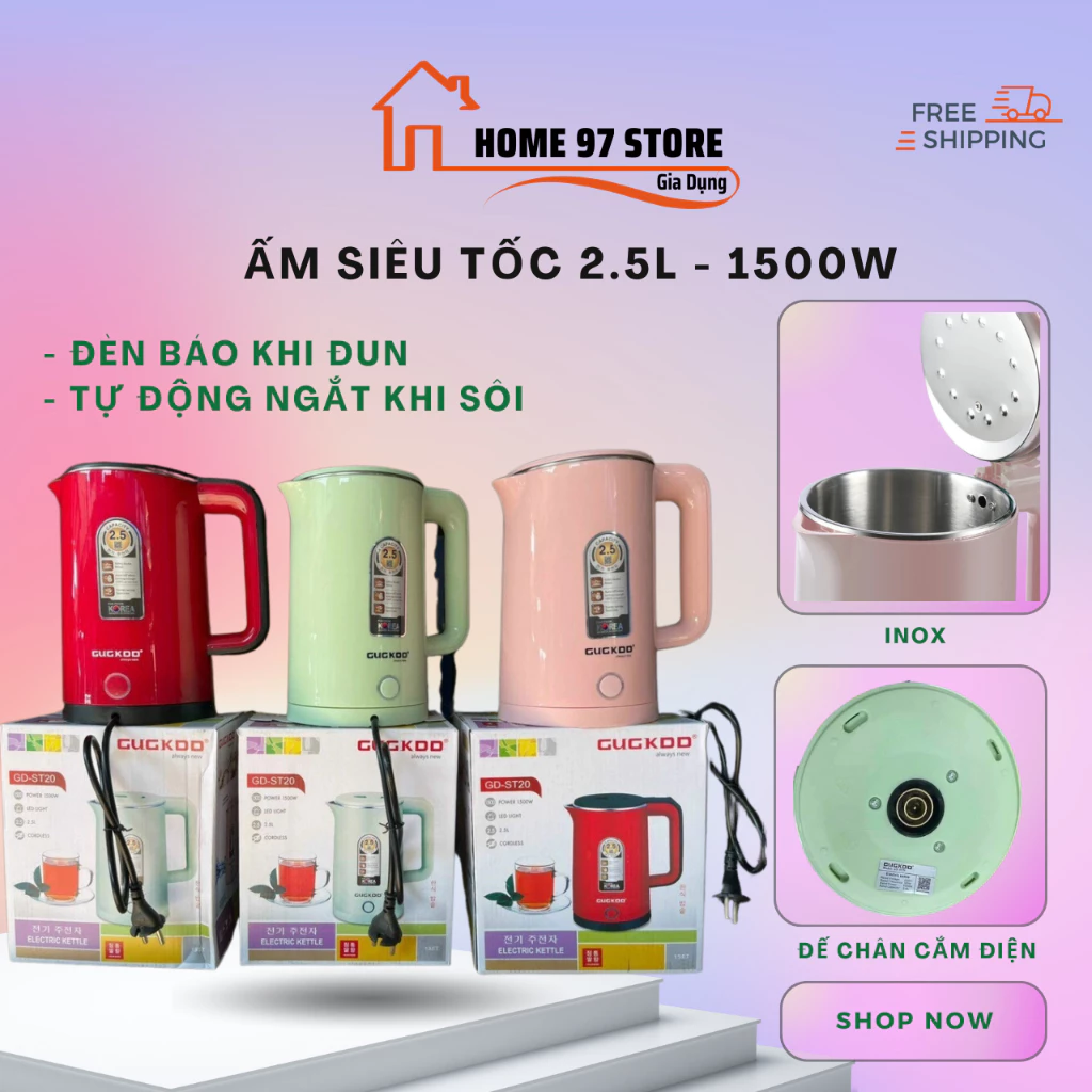 Ấm siêu tốc - Ấm đun nước cooku dung tích 2,5L công suất 1500W - Hàng chính hãng