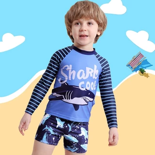 Đồ Bơi Bé Trai Dài Tay Habi Fashion HB2408 Tặng Kèm Mũ, Bộ Bơi Bé Trai Họa Tiết Shark Cool Cho Bé Từ 9-35kg