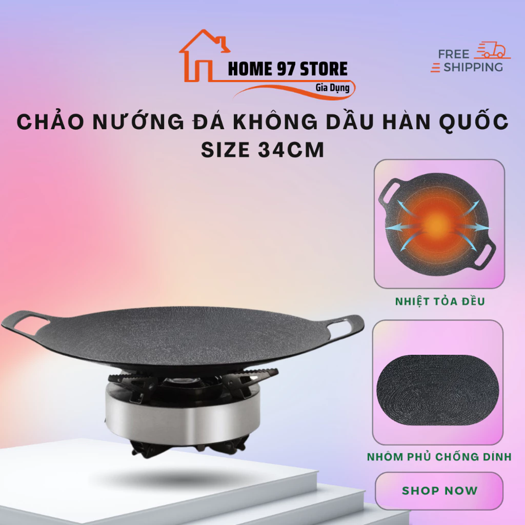 Chảo nướng đá không dầu Hàn Quốc size 34cm ,chảo nướng thịt BBQ chống dính dùng được cho mọi loại bếp, chất liệu cao cấp