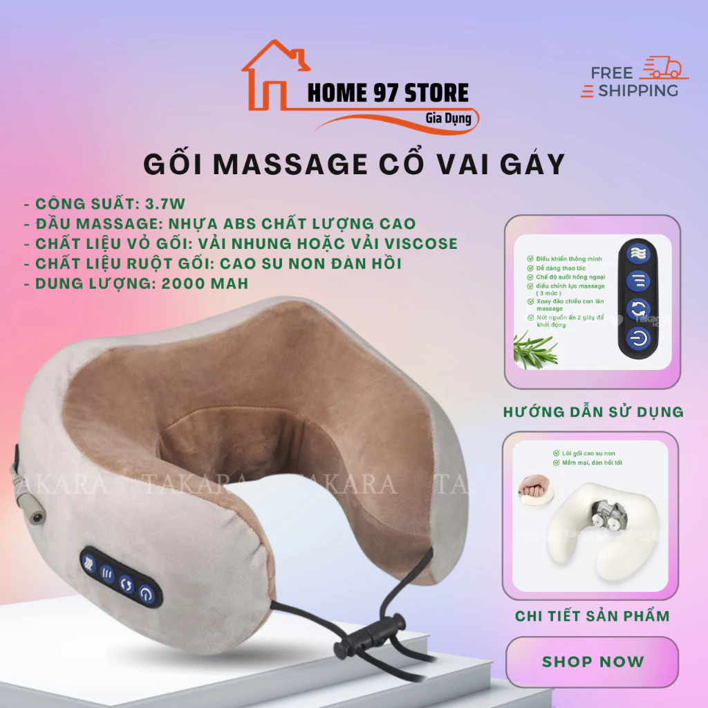 Gối Massage Cổ Vai Gáy, Máy Massage Đeo Cổ TAKARA Đa Chức Năng, Hỗ Trợ Trị Liệu Giảm Đau Vùng Cổ Vai Gáy.