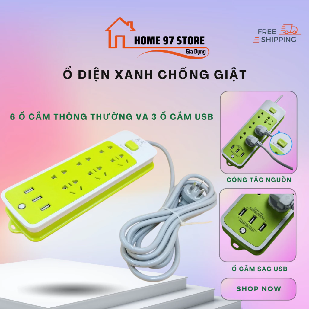 Ổ Cắm Điện Xanh Tiện Ích Tích Hợp 3 Ổ Cắm, 3 Cổng Sạc USB, An Toàn Khi Sử Dụng