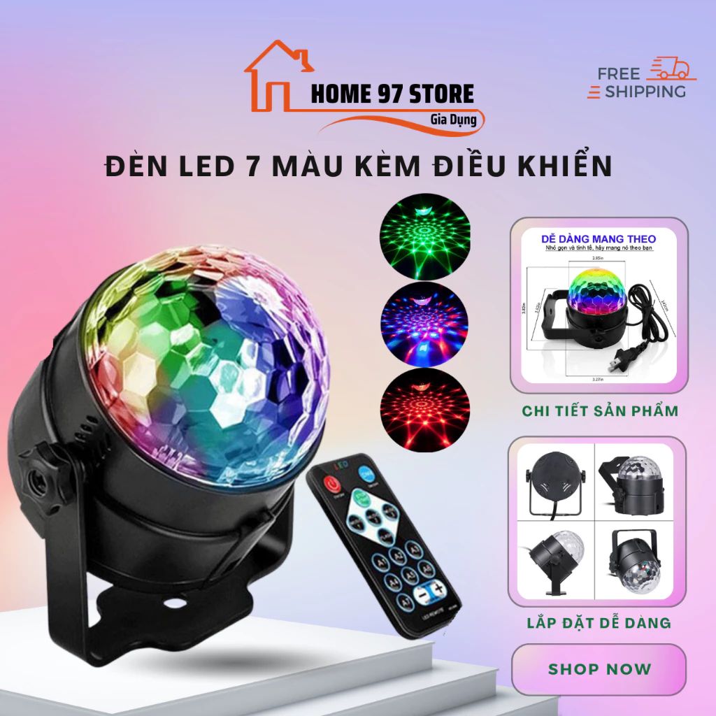 Đèn LED Nhấp Nháy Xoay 7 Màu, Cảm Ứng Âm Thanh Tạo Hiệu Ứng, Có Điều Khiển, Trang Trí Cho Ngày Tết