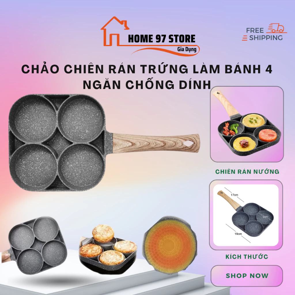Khuôn Chảo Chiên Rán Trứng Làm Bánh 4 Ngăn Chống Dính - Chống Dính Tay Cầm Gỗ 4 ngăn nấu được cả bếp từ và bếp gas